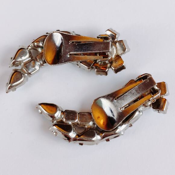 VTG Mid Century Crescent Rhinestone Clip On Earrings Silver Tone 1950s - Picture 10 of 10